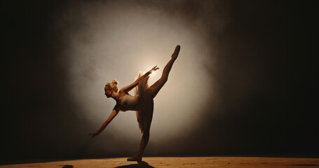 Beautiful caucasian ballerina gracefully dancing and spinning on stage, spotted by white light, isolated on smoked black background  © andreybiling
