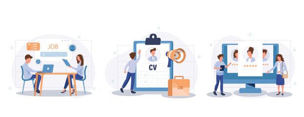 Employee evaluation, assessment form and report, performance review concept collection of scenes. Employer meeting job applicant at pre-employment assessment. Flat vector modern illustration