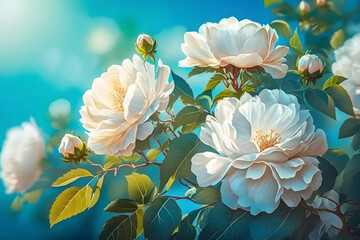 White bush roses on a background of blue sky in the sunlight. Beautiful spring or summer floral background made with Generative AI