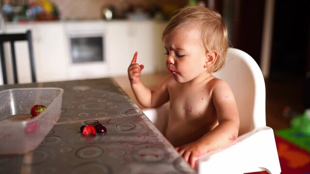 Little girl sits on a highchair at the table and eats strawberries with her hands with a dirty face