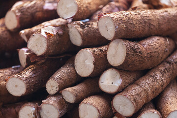 Stack of cassavas on a market stall