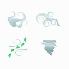 Set of flat colored vector icons with natural elements and symbols of wind in different forms and shapes