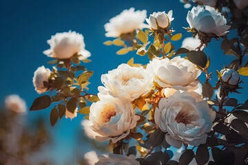 White bush roses on a background of blue sky in the sunlight. Beautiful spring or summer floral background made with Generative AI
