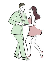 Obraz na płótnie Canvas Beautiful young couple. The girl and the guy are dancing. Creative art. Graphic image. Vector illustration.