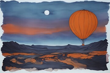 Abstract and colorful landscape with mountains, air balloon on an alien planet painted in oil paints, Generative AI