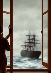 A woman watching a boat through the window