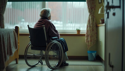 Lonely elderly senior woman in a wheelchair in nursing home looking out the window, Generative AI - obrazy, fototapety, plakaty