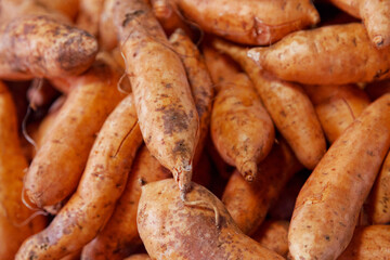 Stack of patate carottes on a market stall