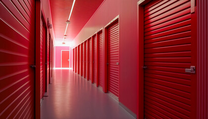 Inside a long row of red color doors of modern clean storage facility, Generative AI