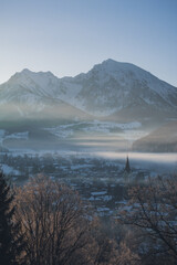 View to Windischgarsten in the morning with fog, Upperaustria