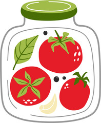 Canned tomatoes, garlic and spices in a jar. Hand drawn cute illustration isolated on transparent background.