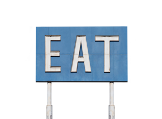 Vintage blue neon eat sign with cut out sky.