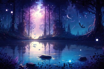A fairy tale like forest with purple hues, a reflective lake and magical trees, generative ai