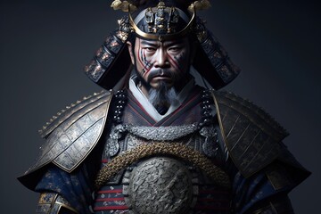 Obraz premium Portrait of an aged samurai in black armor on a dark background, generative ai
