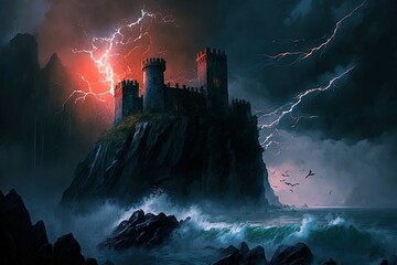 A medieval castle on a towering cliff amidst a stormy ocean, with dark clouds with thunder lightnings, generative ai