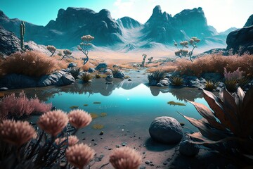 An otherworldly landscape with a serene sea and towering mountains in the distance, generative ai