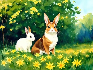 Two rabbits mother and cub sitting in a spring meadow with flowers on a sunny day. Generative AI
