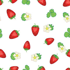 Seamless pattern with strawberries, berries and flowers. Sweet food repeat fabric background. organic fruits