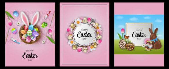 Fototapeta na wymiar set of easter cards with flowers and colorful eggs. decorated eggs in a nest with bunny ears. round frame with flowers and gold eggs. white and gold label with chocolate eggs and on spring landscape