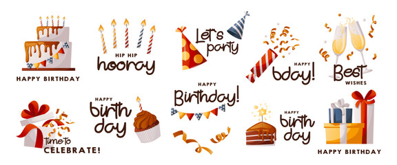 Set of greeting lettering with cake, cupcake, gifts, champagne, caps, confetti. Birthday party, celebration, holiday, event, festive concept. Banner, flyer, advertising. discount. Cartoon vector 