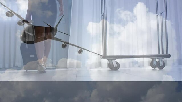 Animation of airplane over caucasian female flight attendant with suitcase