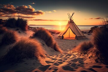 Glamping. Classic tent at sunset beach