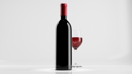 red wine bottle and glass isolated on white background