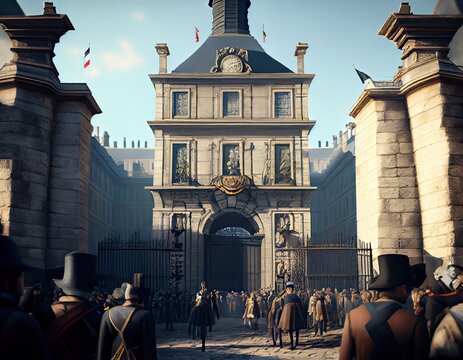 Historical recreation of a scene of the French revolution in front of the Bastille prison, generative AI