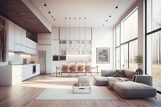 Open plan kitchen and living space in a modern, sleek style, generative AI
