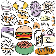 Food doodle icon set vector illustration. Suitable for sticker pack, logo, icon and graphic design elements