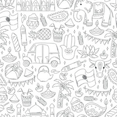 India seamless pattern with doodles. Holi, diwali, independence day theme. Wrapping paper, scrapbooking, wallpaper, kids coloring pages, textile prints. etc. EPS 10