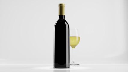 white wine bottle and glass isolated on white background