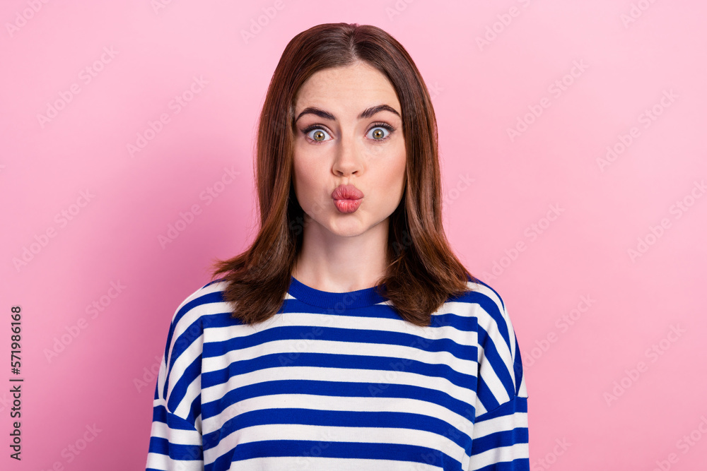 Poster close up photo of nice good looking pretty lady wear fashionable clothes sending you kiss isolated o