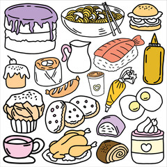 Food doodle icon set vector illustration. Suitable for sticker pack, logo, icon and graphic design elements
