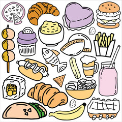 Food doodle icon set vector illustration. Suitable for sticker pack, logo, icon and graphic design elements