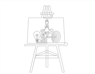Easel on which of light bulb with a dart board, increasing up arrows bar graph and Rocket launch, ship is drawn in continuous one line drawing. Startup idea and winning education or business success