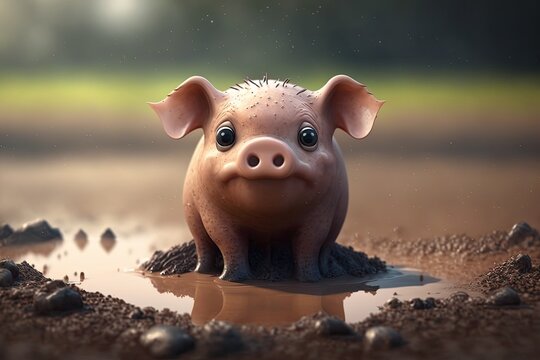 Cute Cartoon Pig in a Mud Puddle (Created with Generative AI)