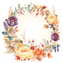 Spring floral wreath. Bouquet of roses and other wildflowers in circle floral frame. Watercolor illustration created with Generative Ai technology