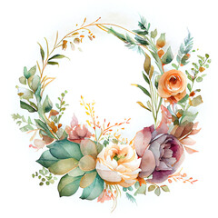 Spring floral wreath. Bouquet of roses and other wildflowers in circle floral frame. Watercolor illustration created with Generative Ai technology