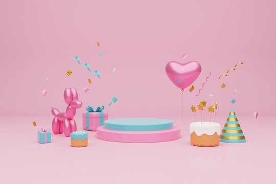 Festive background. Pastel pink and purple cake, balloons, gift boxes on light pink background. 3D rendering	