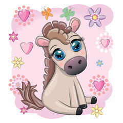 Cute cartoon horse, pony for card with flowers, balloons, heart
