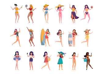 Fototapeta na wymiar Bundle of woman character 3 sets, 18 poses of female in swimming suit with gear