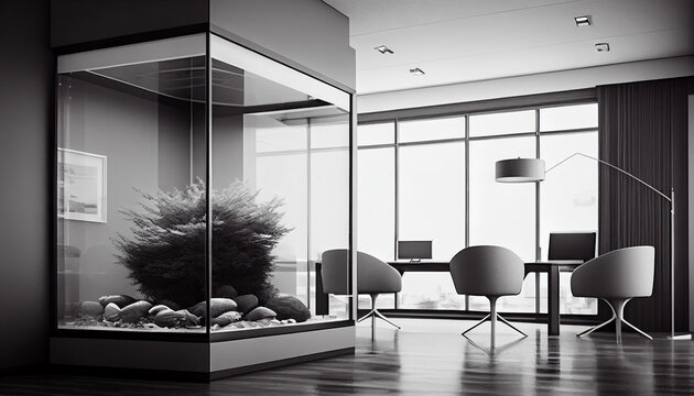 Minimalist office in black and white color Image created with Generative AI technology