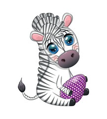 Zebra with Easter egg, flowers. Easter greeting card