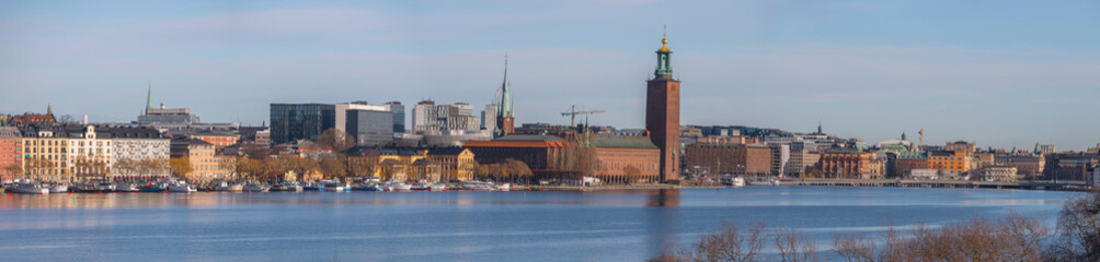 Down town view over the bay Riddarfjärden with the Town City Hall and down town, a sunny winter day in Stockholm