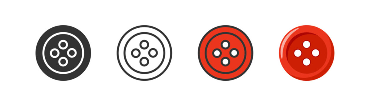 Clothes red button with shadow icon on light background . Sewing item. Element of clothes, shirt, dress, textile, vintage. Outline, flat and colored style. Flat design. Vector illustration.