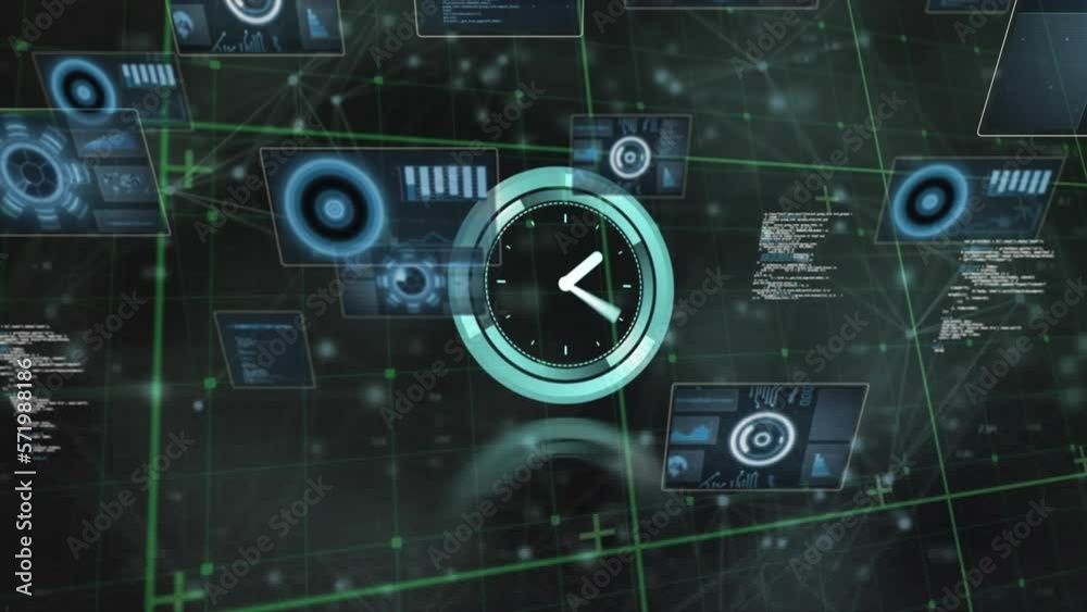Poster animation of clock, scopes scanning and data processing over grid on dark background