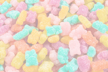 Jelly sweats bears background. Top view.