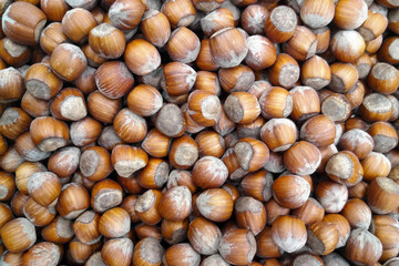 Stack of hazelnuts on a market stall