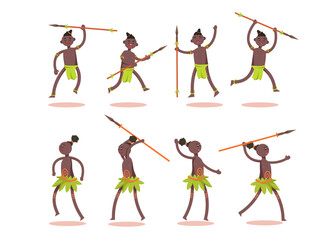 Fototapeta na wymiar Bundle of African tribe character set with a spear 8 gestures